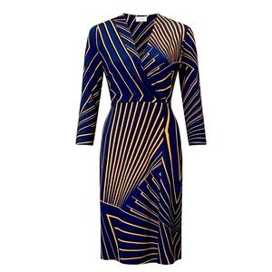 💙💛Jigsaw - Long sleeve, wrap midi dress, blue with black&yellow lines. Size 2